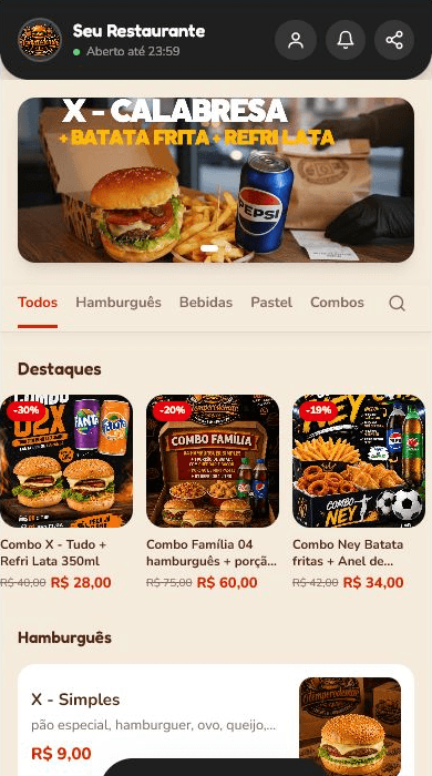 Cardápio demo real com fotos de hambúrgueres, combos e bebidas