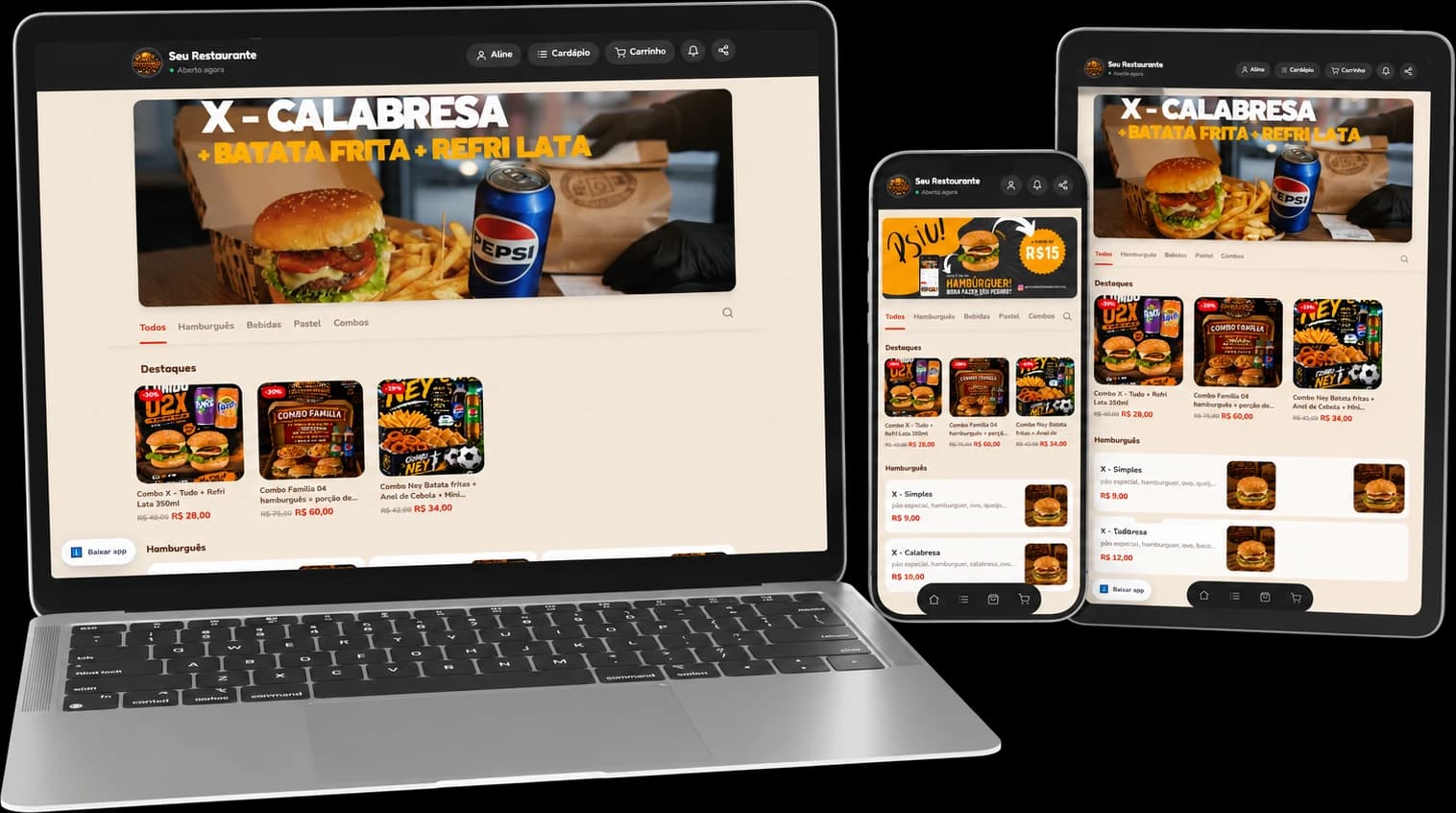 Cardápio Cardapo aberto em notebook, tablet e celular ao mesmo tempo